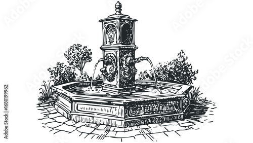 Ornate stone fountain with lion head spouts pouring water into a basin surrounded by foliage. Vector hand drawn illustration