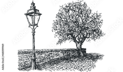 Vintage lamp and textured tree on a cobblestone path with brick wall. Vector hand drawn illustration