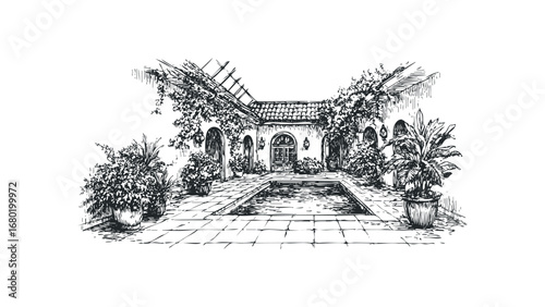 Sketch of a Courtyard With Pool and Potted Plants on Transparent Background. Vector hand drawn illustration