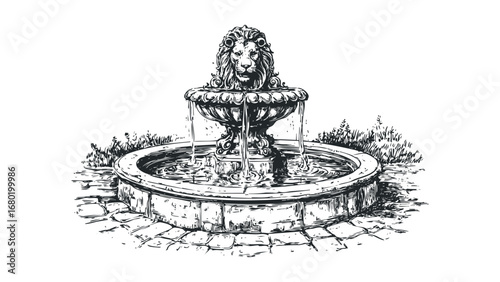 Sketch of Lion Head Fountain with Flowing Water on Stone Paving. Vector hand drawn illustration