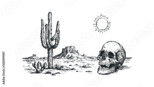 Desert landscape with cactus, skull, and sun sketch. Vector hand drawn illustration