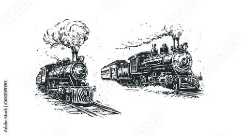 Two vintage steam locomotives with billowing smoke on transparent background. Vector hand drawn illustration