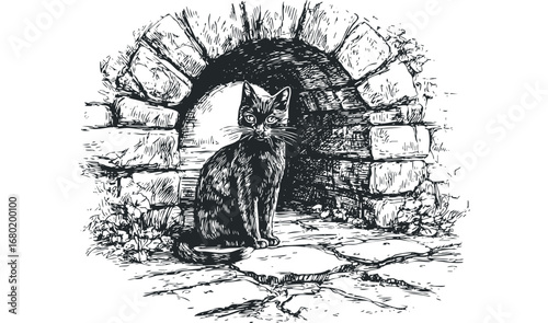 Pen and ink sketch of a black cat sitting in an arched stone passageway. Vector hand drawn illustration