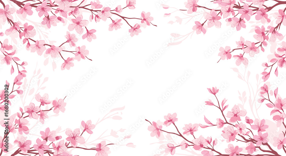 Fototapeta premium Delicate pink cherry blossoms frame a serene white space, evoking spring's gentle beauty and renewal.