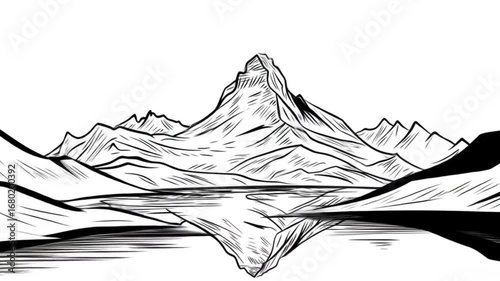 A captivating black and white illustration of majestic mountains reflecting on a tranquil lake.