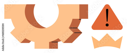 Gear segment, warning triangle with exclamation mark, crown shape. Ideal for industry, innovation, problem-solving, caution, leadership decision-making productivity. Offers a simple flat metaphor