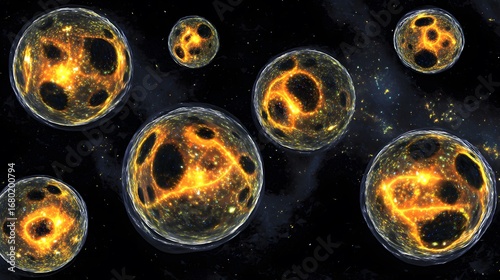 Glowing molecular structures of fat cells against a cosmic background, representing dietary impact.