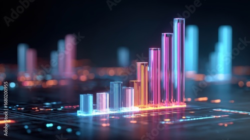 A visualization of business progress as a 3D bar graph in the style of data visualization, glowing with neon lights, in a dark background. ..Created with Generative AI, not depicting real subjects.