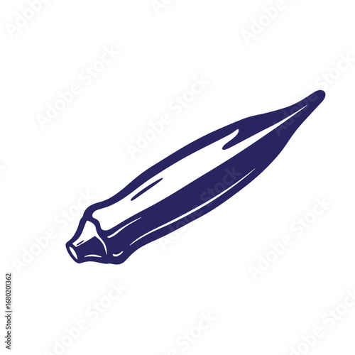 Stylized illustration of a fresh okra pod in dark blue on a clean white background