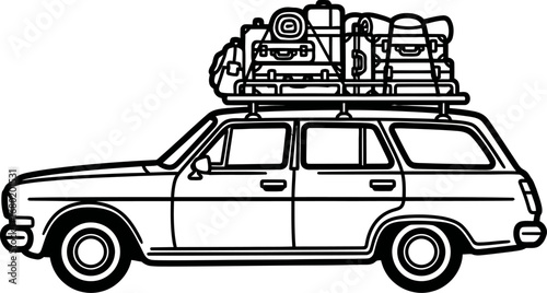 black and white car loaded with luggage clip art preview