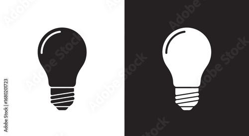 A simple lightbulb icon in a black and white split design, a universal symbol for a new idea, innovation, and creative solutions.