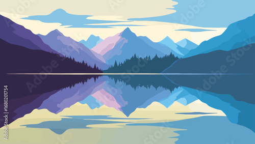Serene mountain lake reflection landscape vector illustration scalable eps graphic