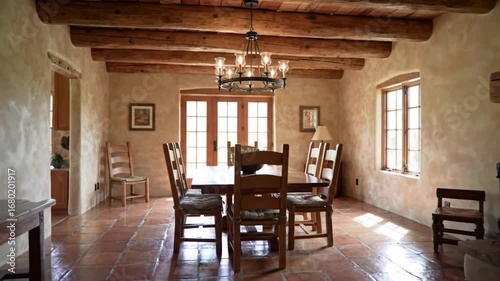 Interior of a traditional Southwestern adobe style dining room with natural light, wooden ceiling vigas, and terracotta floor