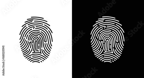 A detailed fingerprint scan icon in a black and white split design, symbolizing biometric identification, cybersecurity, and personal identity.