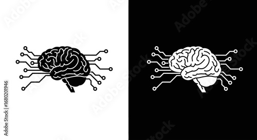 A human brain connected with circuits, a black and white icon symbolizing AI, machine learning, and neuroscience technology.