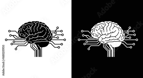 An outline style of a brain with circuits, a modern icon for AI research, tech startups, and advanced data science.