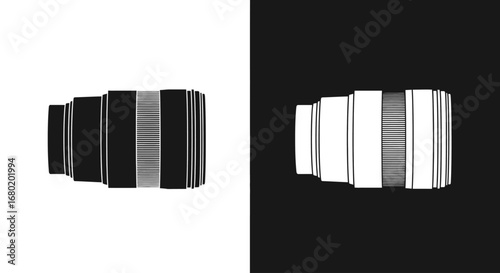 A professional camera lens, a black and white split icon representing photography, videography, and optical technology.