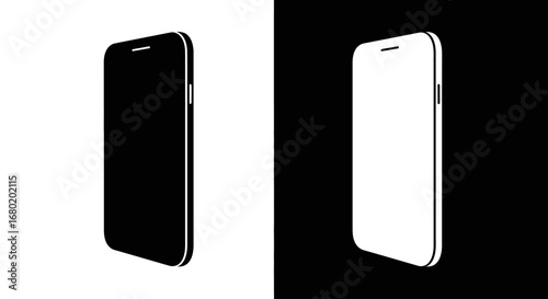 A modern smartphone from a side angle view, a black and white split icon for mobile technology and communication.