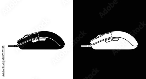 A modern ergonomic gaming mouse, a black and white split icon for PC gaming, esports, and high-performance computer peripherals.