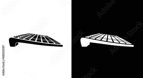 An ergonomic split keyboard, a black and white icon for comfortable typing, wrist health, and professional office setups.