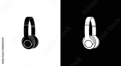 A pair of modern over-ear headphones, a black and white icon representing music, audio, personal listening, and podcasting.