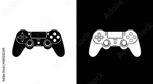 A modern video game controller or gamepad, a black and white split icon for gaming, esports, and digital entertainment.
