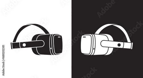 A virtual reality (VR) headset, a black and white split icon representing immersive technology, the metaverse, and futuristic entertainment.