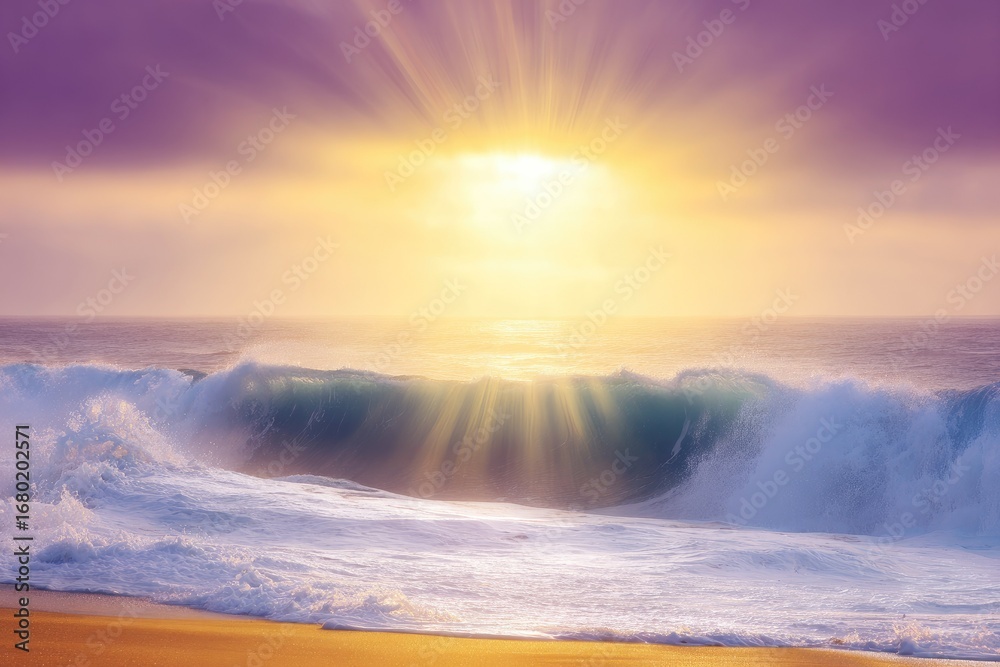 Fototapeta premium Vibrant sunset over crashing ocean waves on a sandy beach