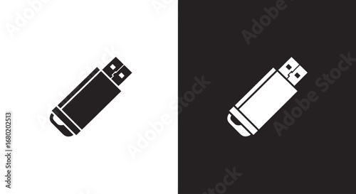 A USB flash drive, a black and white split icon representing portable digital data storage and easy file transfer.