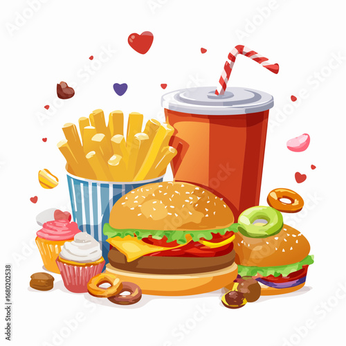 Delicious assortment of fast food and sweets, a colorful illustration representing cravings and a cheat day meal concept