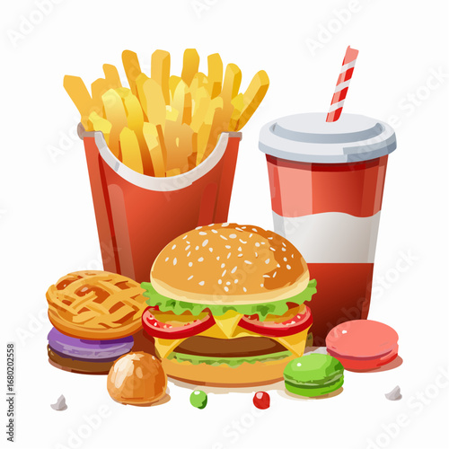 Colorful cartoon illustration of a fast food set menu, including a classic burger, crispy fries, a soda, and various sweets