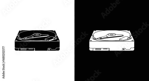 An internal computer hard drive (HDD), a black and white icon representing data storage, computer hardware, and digital memory.