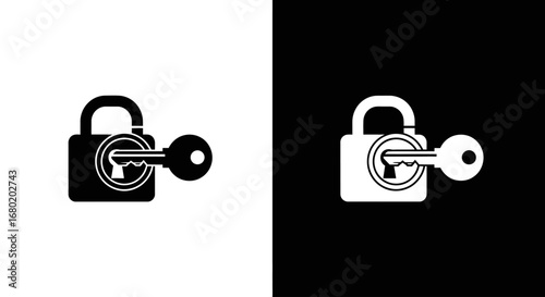 A key unlocking a padlock, a black and white icon symbolizing cybersecurity, access granted, and finding a solution.
