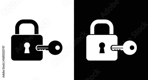 An outline style of a key unlocking a padlock, a modern and clean icon for security software, VPNs, and data privacy services.