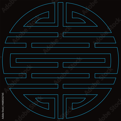 A glowing blue maze pattern forms an intricate circular design on a dark background.