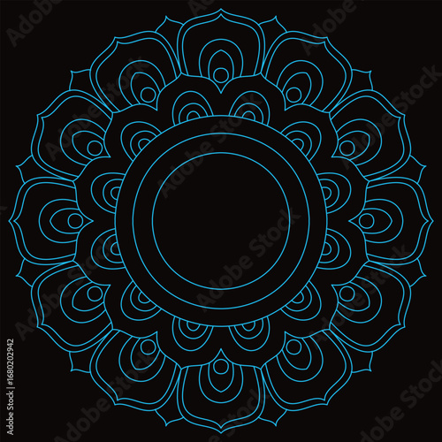 Blue circular floral pattern radiates a serene geometric design on a dark background for meditation