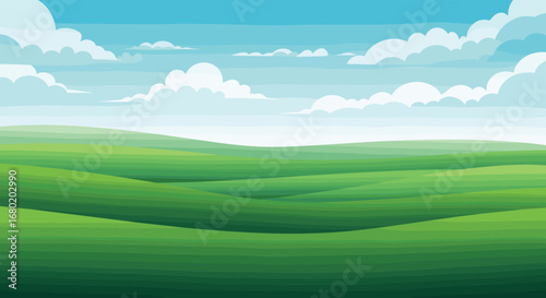 Vibrant green rolling hills under a vast blue sky with fluffy white clouds