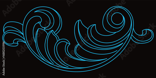 A beautiful blue ornate swirling design pattern creates an elegant classic flourish on a black background.