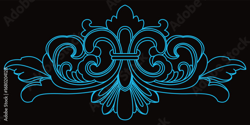 Symmetrical blue ornate scroll design beautifully curves with classic elegance.