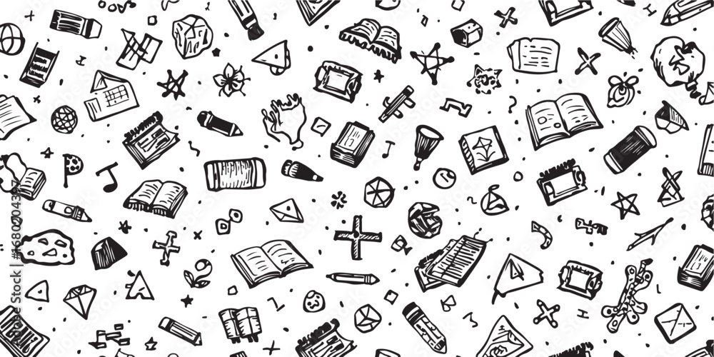 Fototapeta premium Hand Drawn Doodles Seamless Pattern on White Background Education and Creativity Concept Black and White Sketch Style Background
