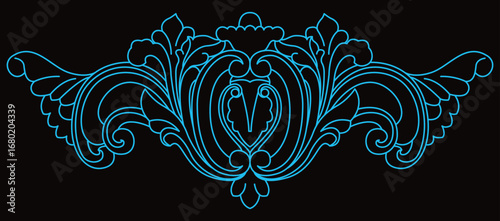 Elegant symmetrical blue vector decorative pattern with intricate flowing scroll lines.