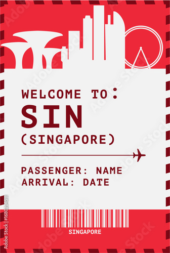 Welcome to Singapore tag template. Vector boarding pass style postcard illustration with airport code, city skyline, flight info. Luggage card image layout