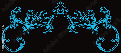 Bright blue elegant ornate floral scrollwork forms a beautiful symmetrical decorative arch.