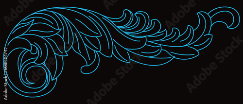 Detailed blue ornamental scroll pattern with flowing leaf shapes on black background.