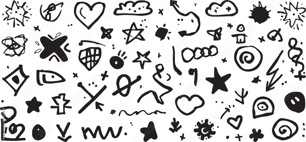 Fototapeta premium Hand Drawn Doodle Sketchy Icons Set Background Texture Pattern Wallpaper Diverse Symbols and Shapes Creative Illustration