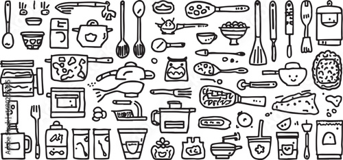 Hand Drawn Kitchenware Collection Seamless Pattern of Utensils and Food Illustration Black and White Background for Culinary Projects