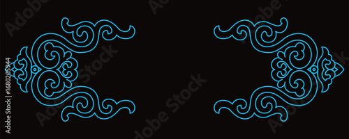 Graceful blue swirling patterns are symmetrically arranged on a plain black background.
