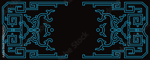 Intricate blue geometric design glows on dark background creating a decorative border.