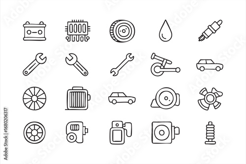 Automotive Technology Icons of Engine Battery Turbo and Fuel Pump