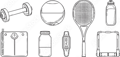 Hand Drawn Sport and Fitness Equipment Vector Illustration for Healthy Lifestyle Goals and Gym Advertising